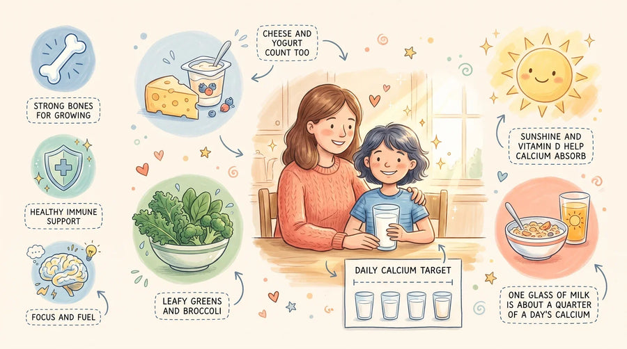 Infographic answering does drinking milk make you taller, showing a daily calcium target chart with four glasses of milk plus cheese, yogurt, leafy greens and fortified cereal and juice as calcium sources for kids