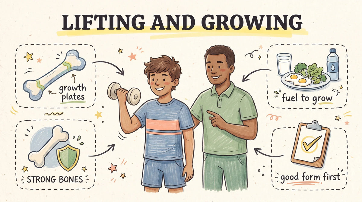 Hand-drawn infographic answering does lifting weights stunt your growth, showing a supervised teen lifting light weights, a growth plate diagram, and healthy food as fuel to grow