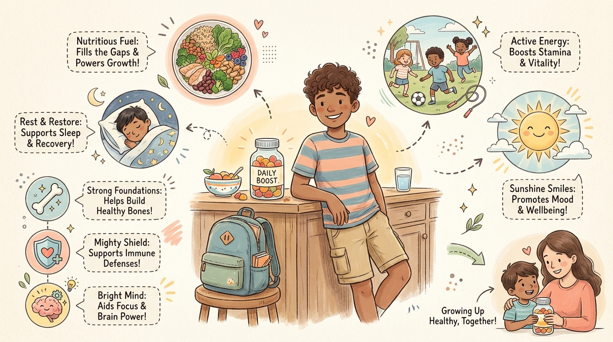 Teen boy with a bottle of daily gummy vitamins and a backpack