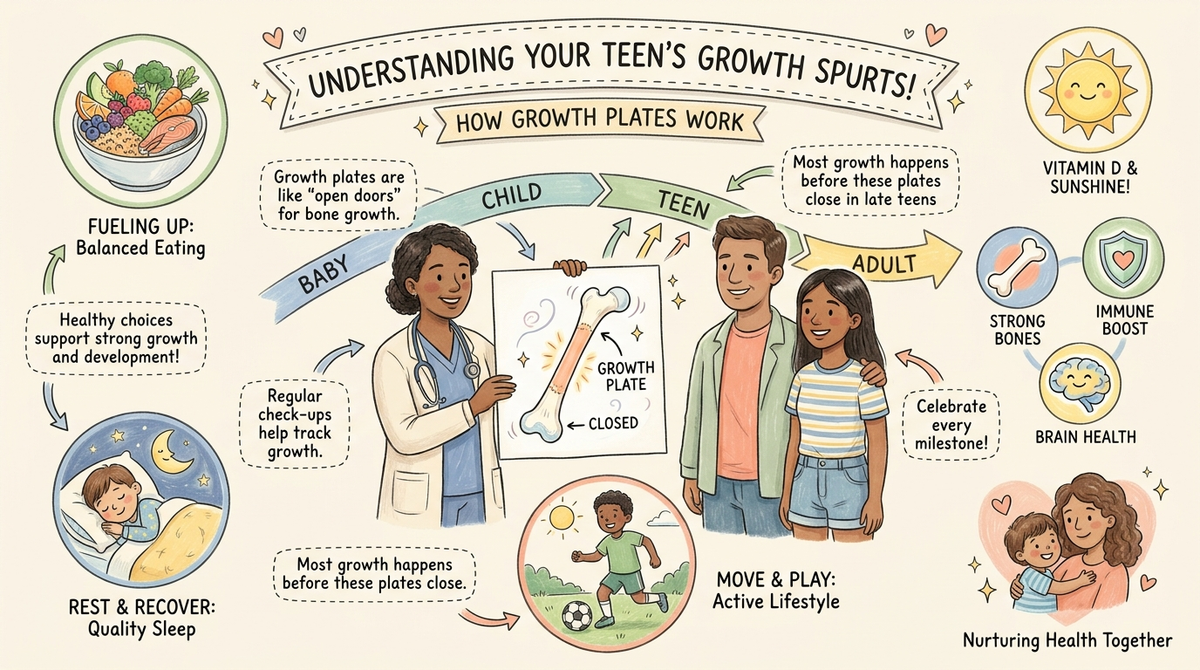 Doctor explaining growth plates to a parent and teen