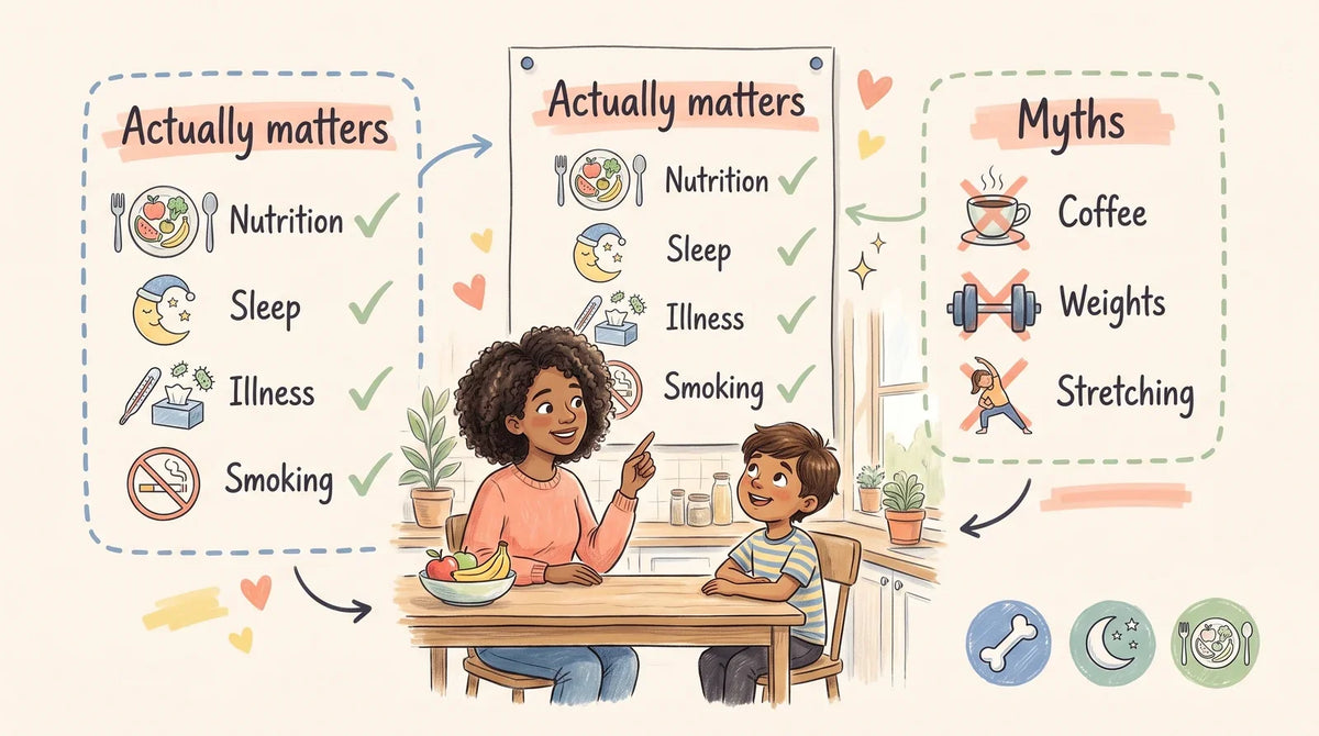 Infographic showing what stunts your growth in children: nutrition, sleep, illness and smoking on the actually matters list, coffee, weights and stretching on the myths list