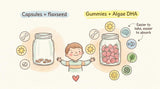 NuBest Tall reviews vs Tallori comparison showing a jar of capsules and flaxseed beside a jar of sugar free strawberry gummies with algae DHA for easier absorption in kids