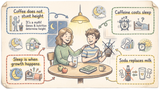 Illustrated parent and teen guide to whether coffee stunts your growth, showing caffeine, sleep and calcium