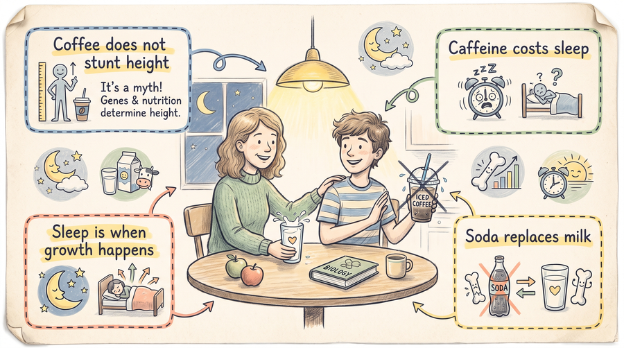 Illustrated parent and teen guide to whether coffee stunts your growth, showing caffeine, sleep and calcium