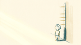 Hand-drawn illustration of a child standing beside a wall height chart, showing childhood growth over time