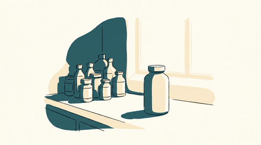 A teenage boy's morning kitchen counter with kid-sized vitamin bottles and a larger growth gummy bottle, illustrating the multivitamin gap for teen boys