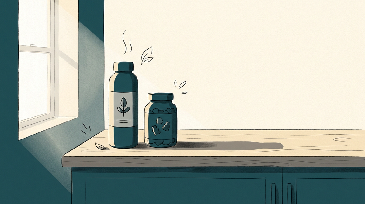 A wooden kitchen counter with a tall capsule supplement bottle next to a shorter gummy bottle, illustrating the NuBest Tall vs Tallori comparison