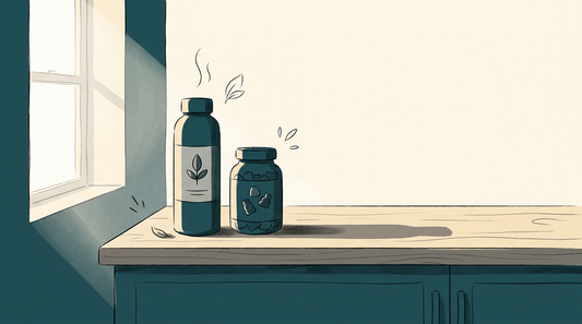 A wooden kitchen counter with a tall capsule supplement bottle next to a shorter gummy bottle, illustrating the NuBest Tall vs Tallori comparison