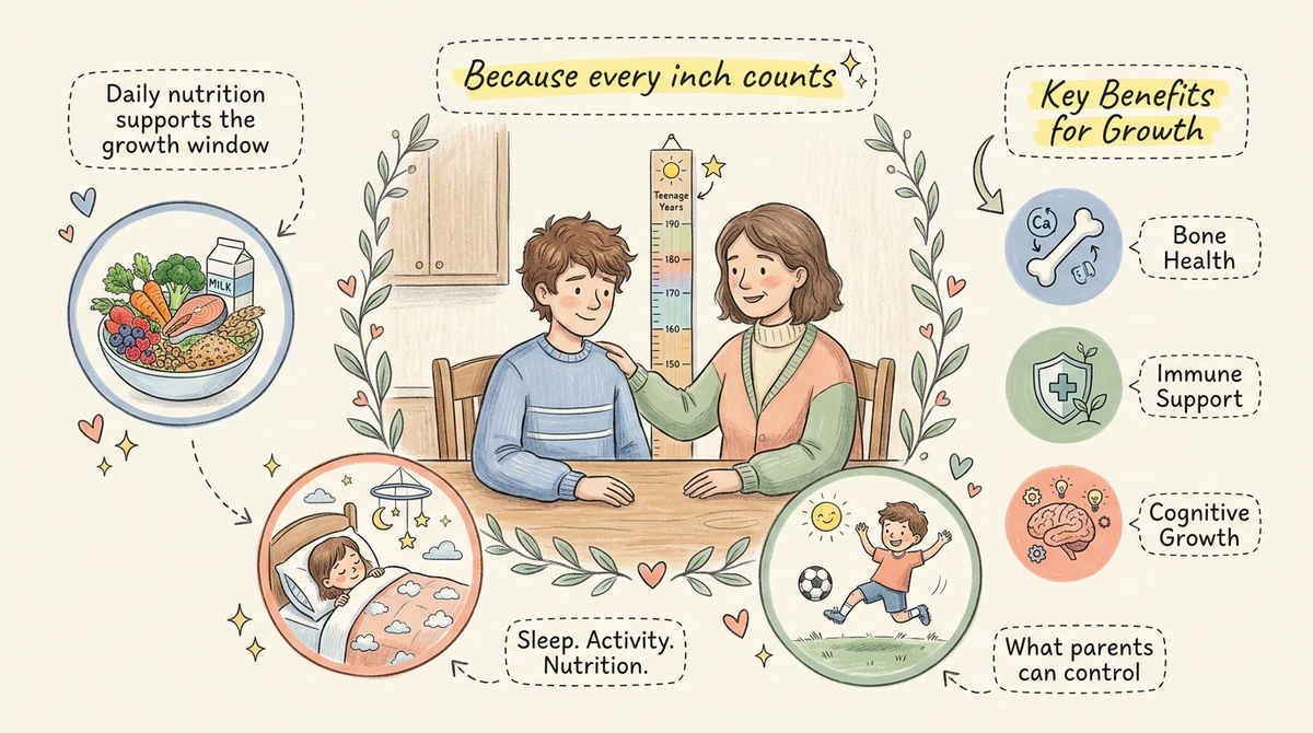 A warm hand-drawn infographic showing a parent and teen at a kitchen table beside a growth chart, surrounded by illustrations of sleep, nutrition, and activity, with icons for bones, immunity, and brain support
