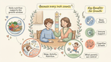 A warm hand-drawn infographic showing a parent and teen at a kitchen table beside a growth chart, surrounded by illustrations of sleep, nutrition, and activity, with icons for bones, immunity, and brain support