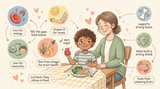 Vitamins for picky eaters: a child at the dinner table refusing vegetables while taking a sugar-free gummy that fills the nutrient gap.