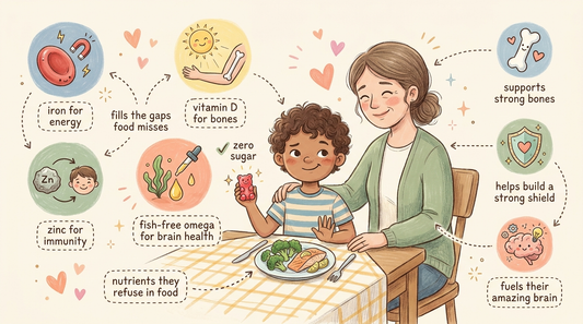 Vitamins for picky eaters: a child at the dinner table refusing vegetables while taking a sugar-free gummy that fills the nutrient gap.