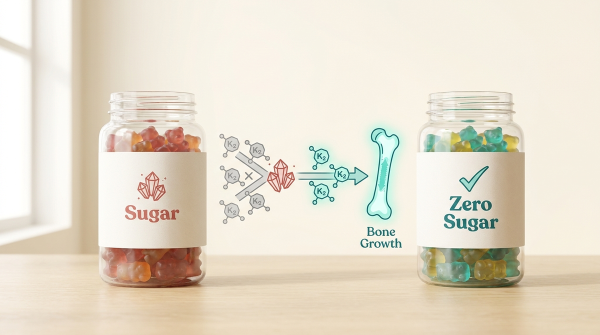 Two glass jars comparison showing K2 absorption blocked by sugar vs zero sugar delivering K2 to growth plates