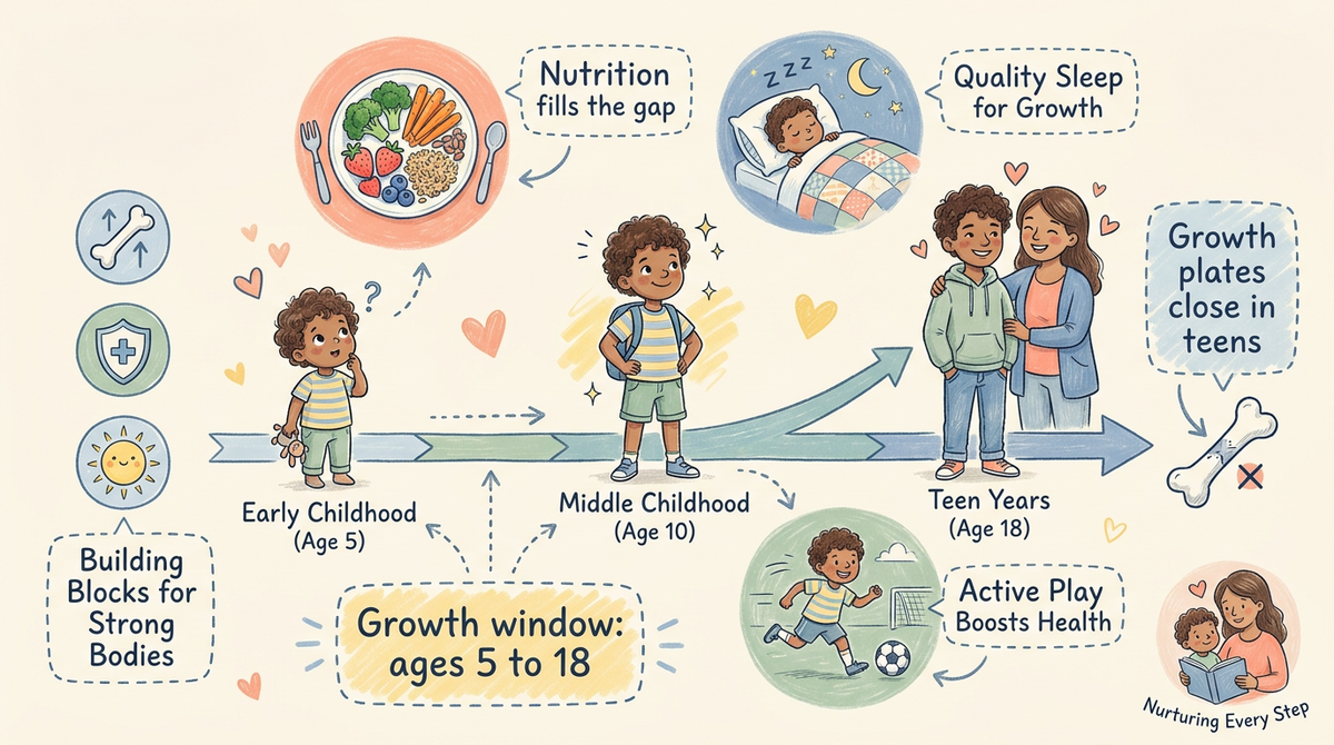 Child growth timeline infographic showing ages when boys and girls stop growing