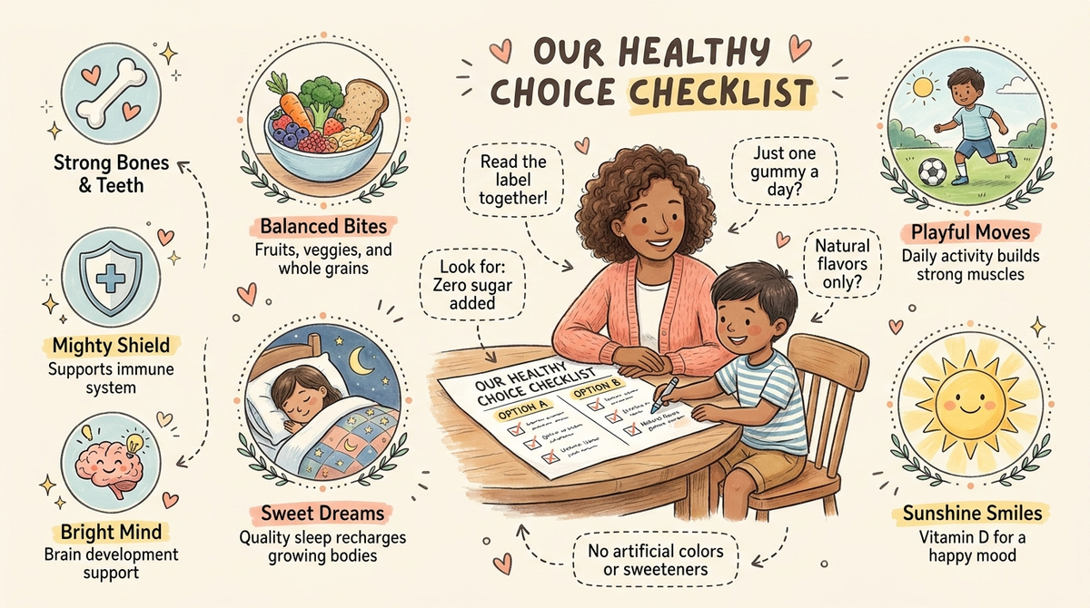 Parent and child comparing kids growth gummy options with a checklist