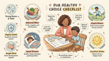 Parent and child comparing kids growth gummy options with a checklist