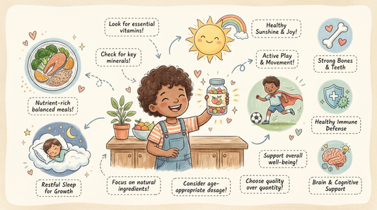 Illustrated guide to choosing the best growth gummies for kids, warm pediatric wellness style