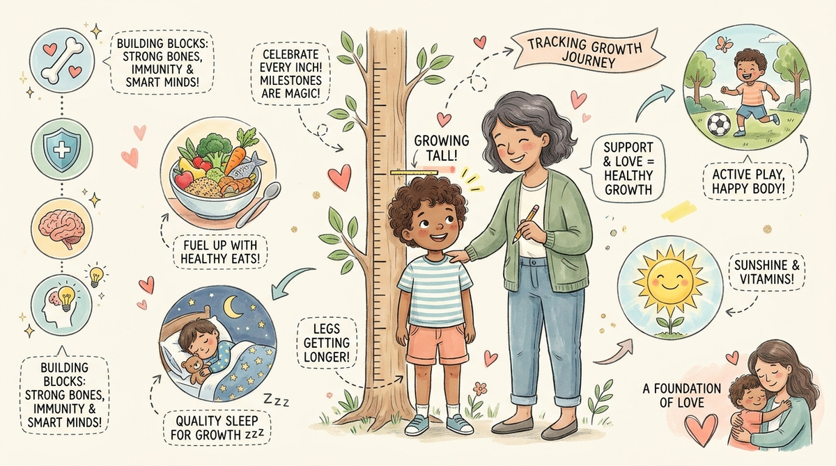 Child measuring height against a wall growth chart with a parent nearby