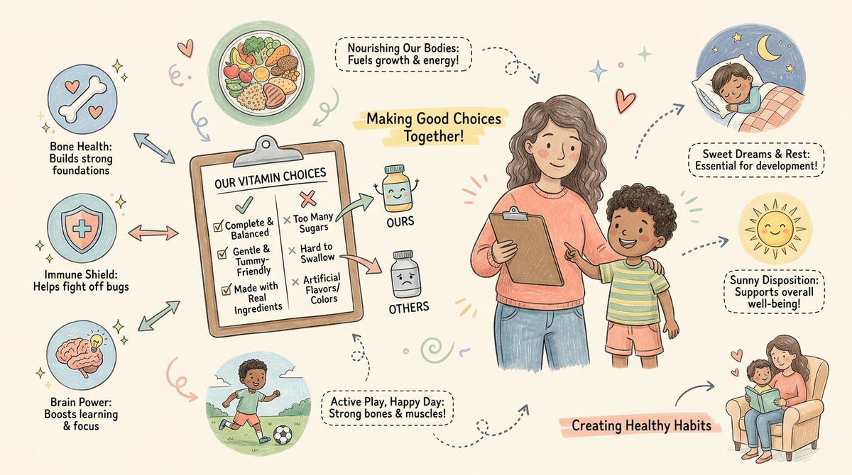 Parent and child reviewing a vitamin comparison checklist