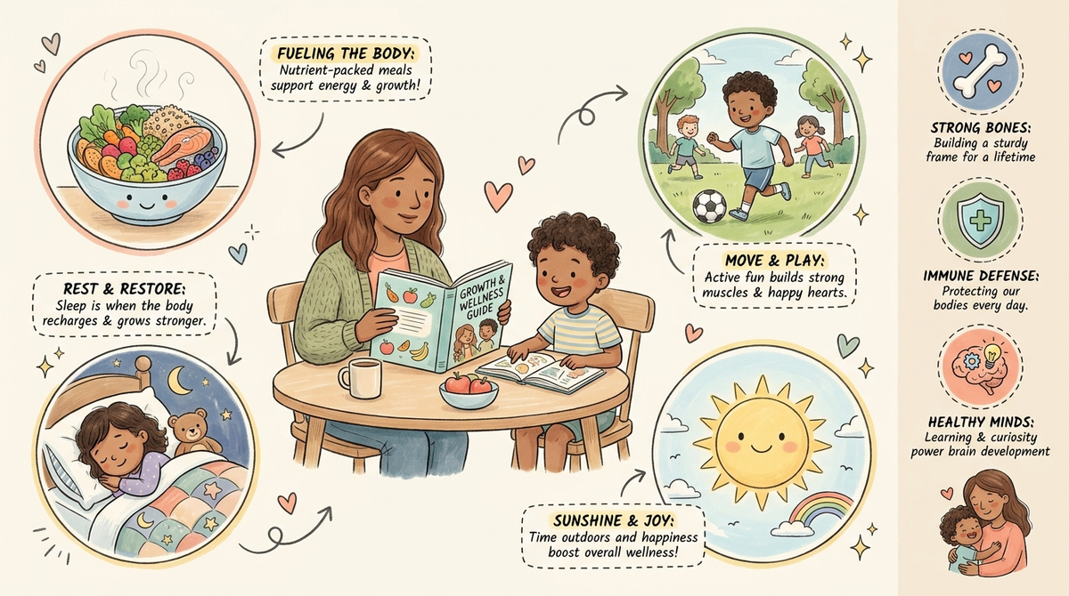 Parent reading a growth science guidebook with a curious child