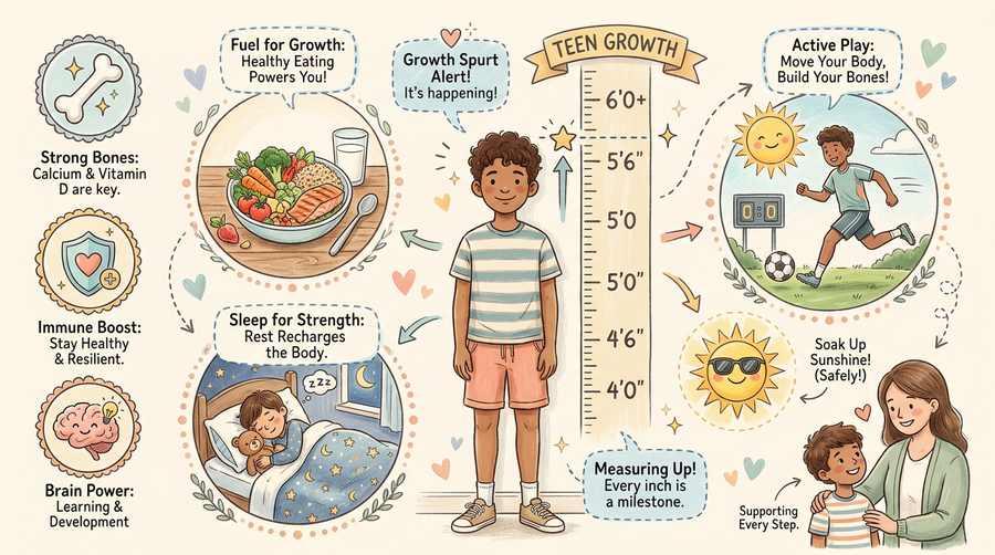 Teen boy measuring height against a wall growth chart