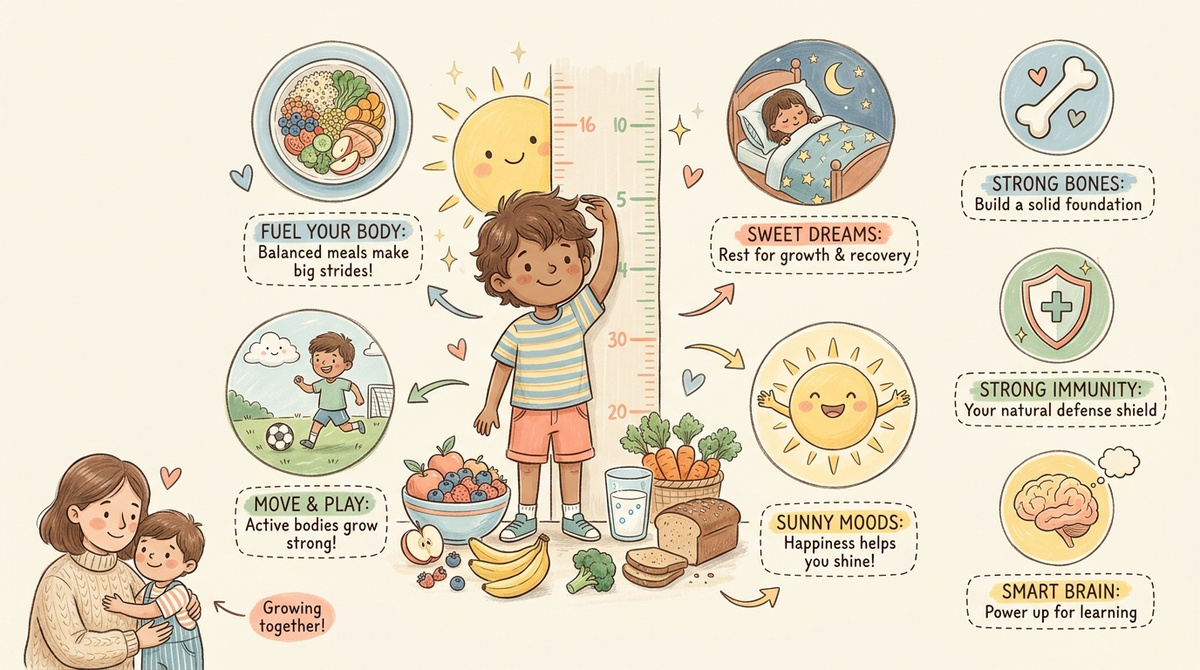 Child at a height chart surrounded by natural growth foods
