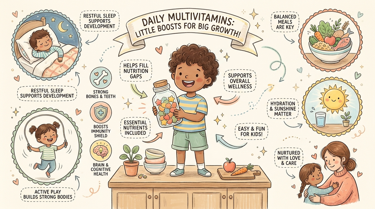 Child holding a bottle of daily gummy vitamins in the kitchen