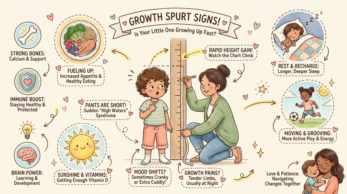 Child with suddenly too-short pants during a growth spurt, parent measuring doorframe
