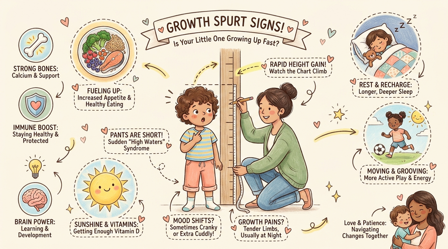 Child with suddenly too-short pants during a growth spurt, parent measuring doorframe