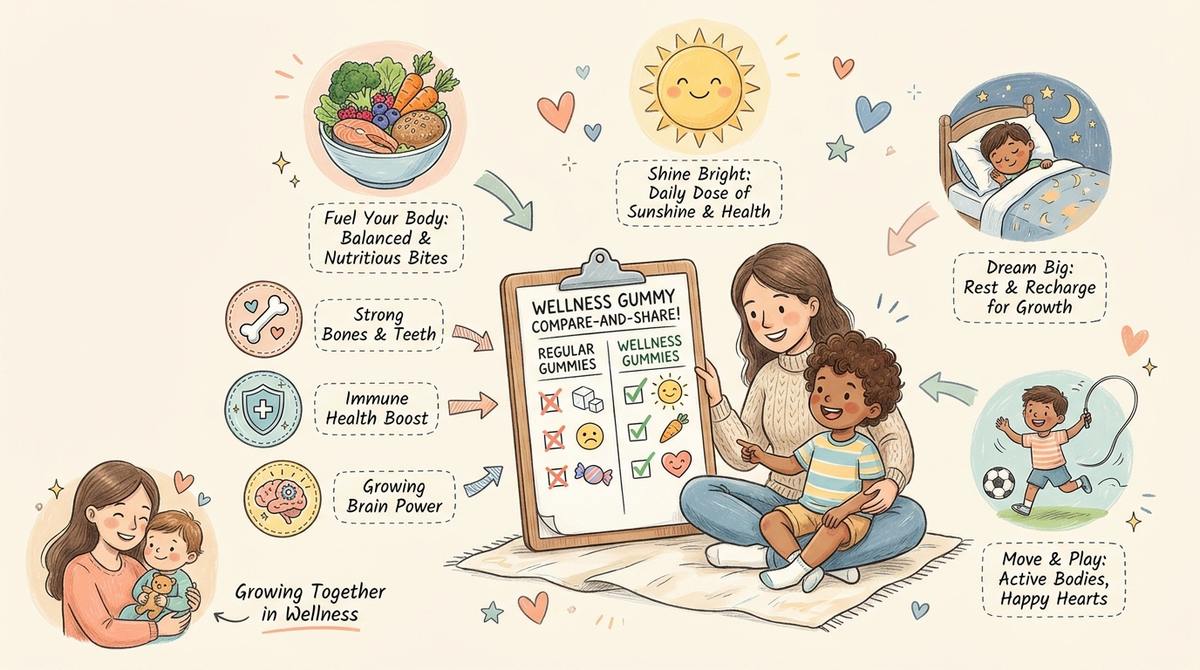 Parent and child reviewing a wellness gummy comparison checklist