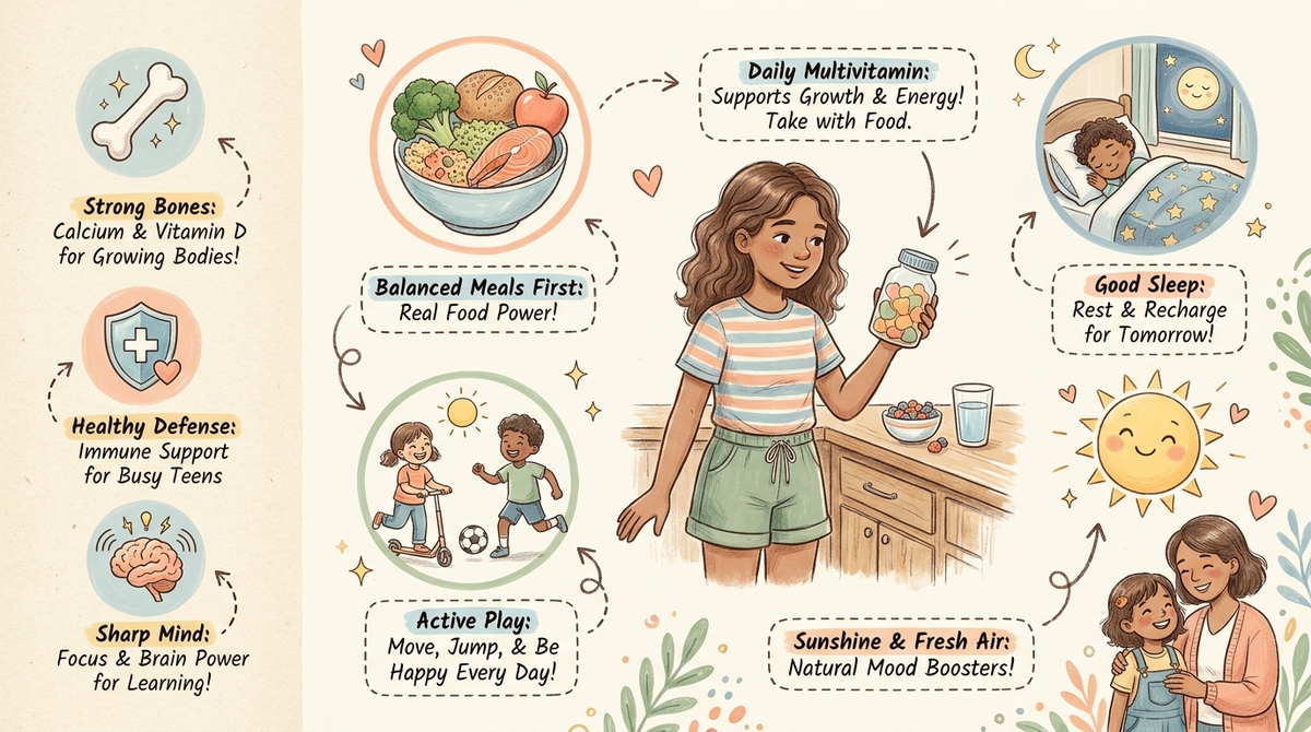 Teen girl with a bottle of daily gummy vitamins in the kitchen