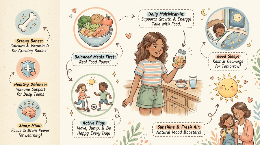 Teen girl with a bottle of daily gummy vitamins in the kitchen
