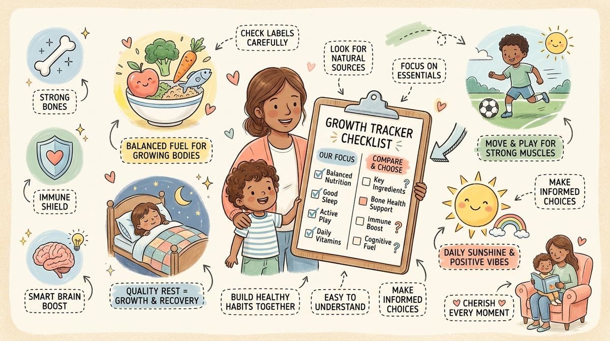 Parent and child reviewing a growth product comparison checklist