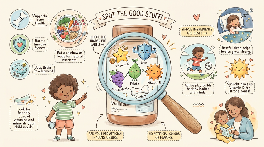 Magnifying glass revealing friendly vitamin and mineral icons on a supplement label