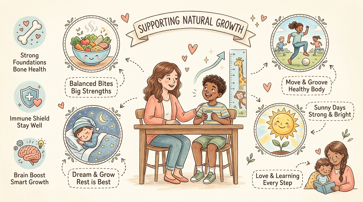Parent and teen at a kitchen table discussing natural growth support