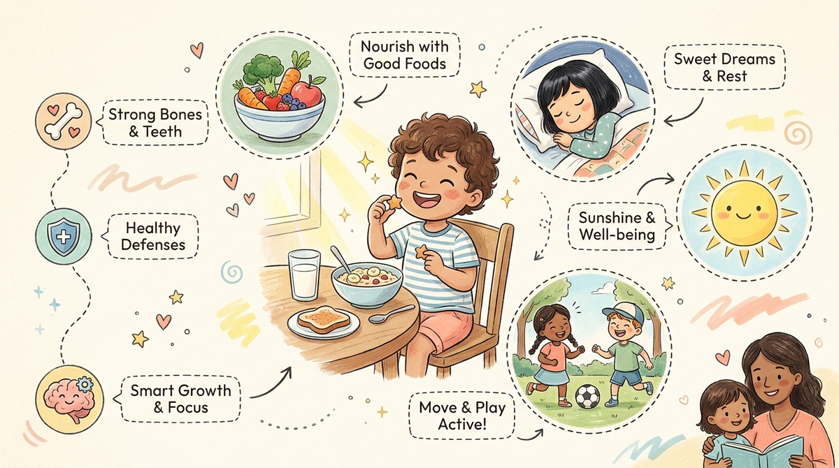 Child happily eating a gummy vitamin at breakfast