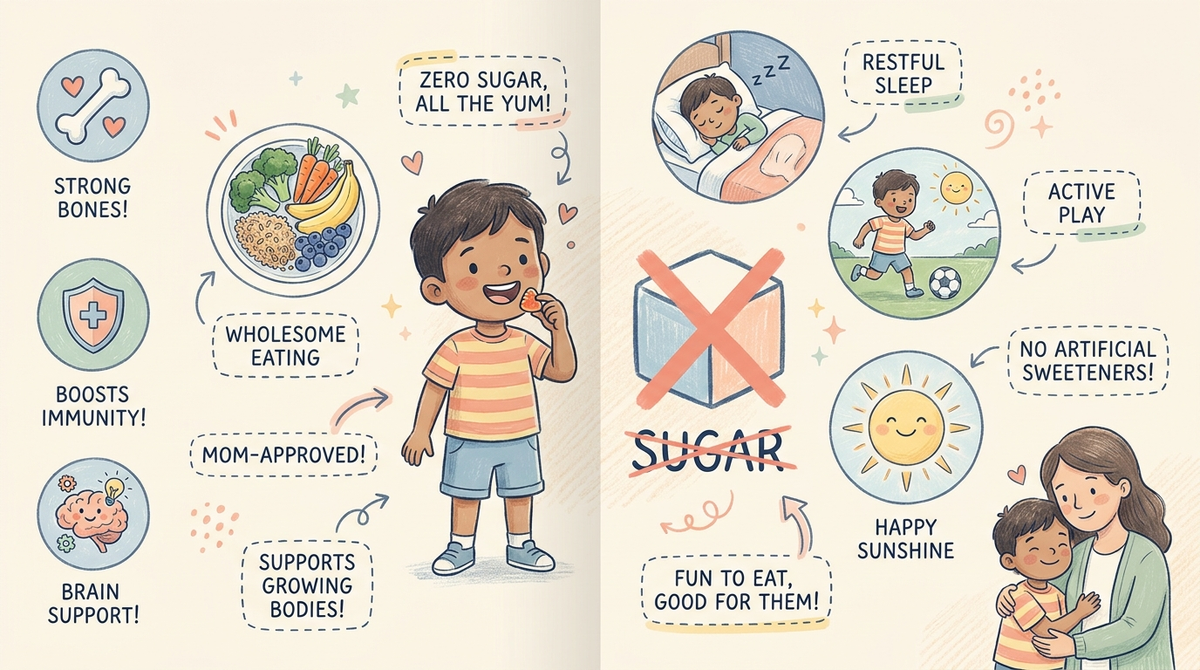 Child eating a zero sugar growth gummy next to a crossed-out sugar cube