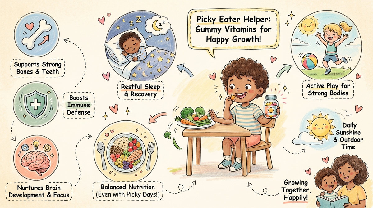 Child pushing away vegetables but happily taking a growth vitamin