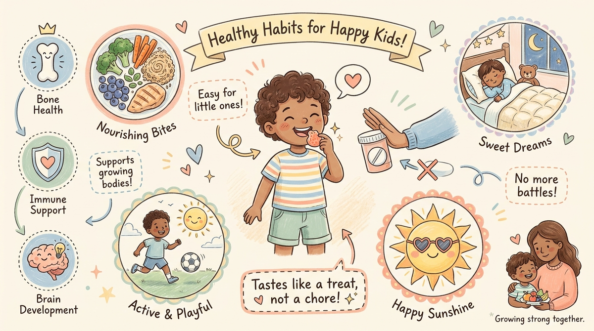 Child happily chewing a gummy vitamin instead of a pill