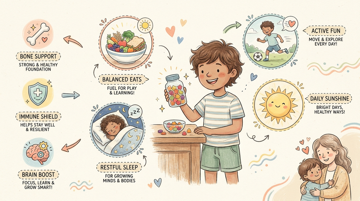 Preteen with a bottle of gummy vitamins at the kitchen counter