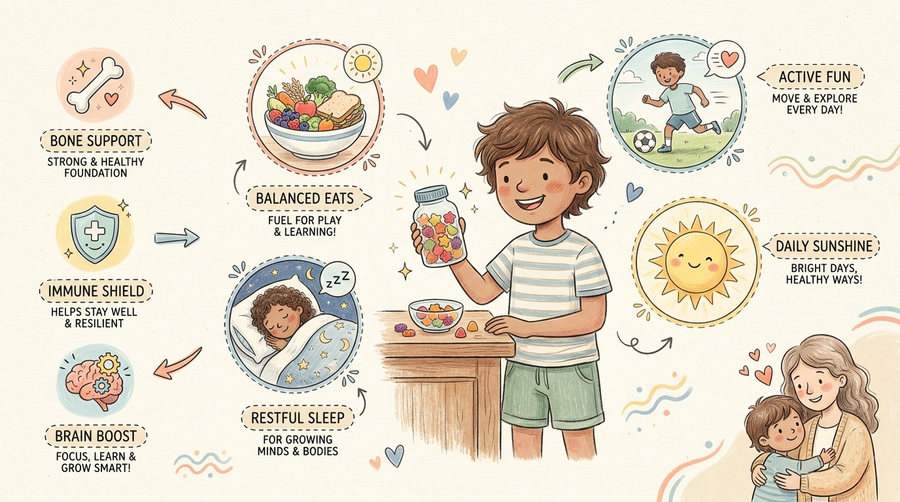 Preteen with a bottle of gummy vitamins at the kitchen counter