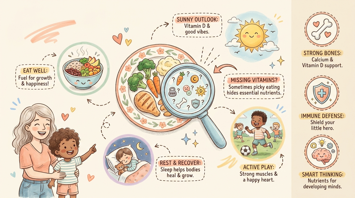 Plate of food with a magnifying glass revealing missing nutrient icons