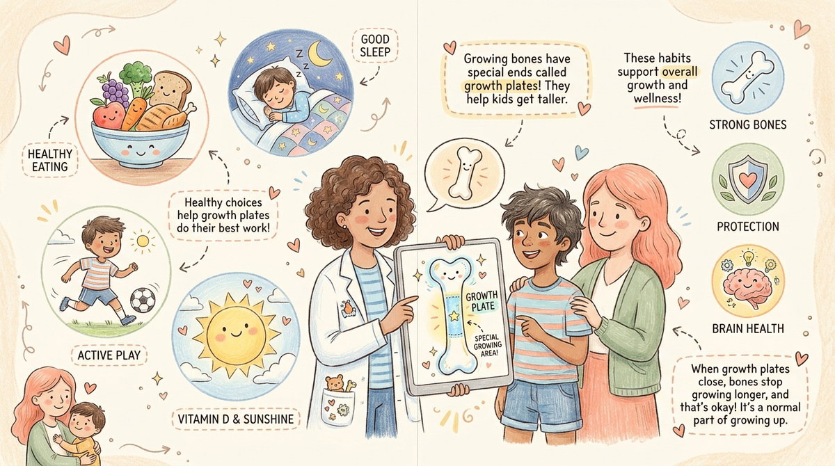 Doctor showing a parent and teen a friendly growth plate illustration