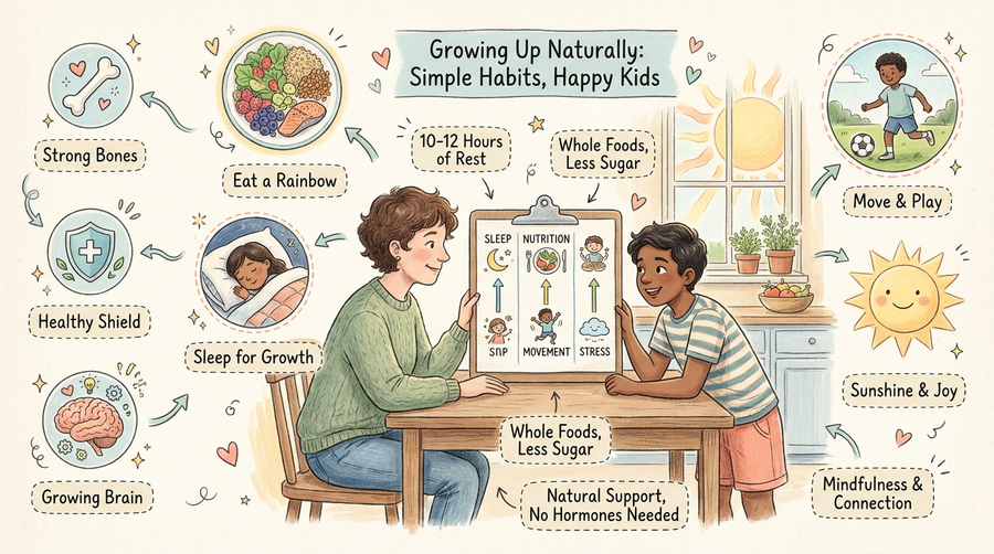 Non-hormonal growth support for kids, parent and child looking at natural growth habits illustration