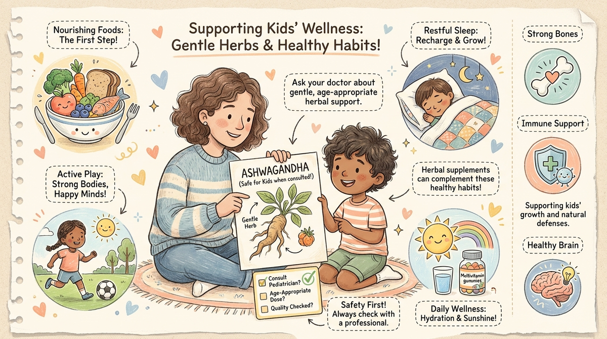 Is ashwagandha safe for kids, parent and child reviewing an ashwagandha safety checklist illustration