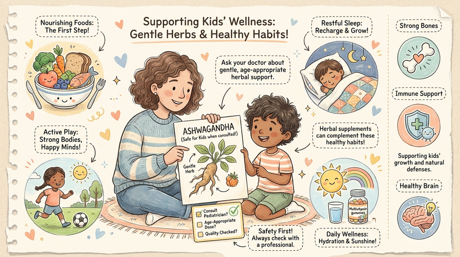 Is ashwagandha safe for kids, parent and child reviewing an ashwagandha safety checklist illustration