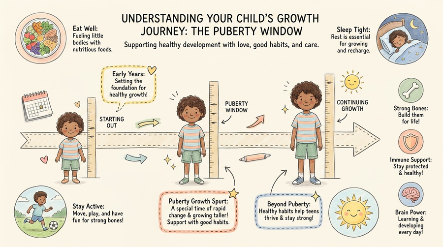 Support height during puberty, growth timeline illustration for kids