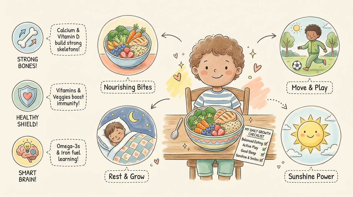 Nutrients for healthy growth spurts, daily nutrition checklist illustration for kids