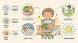 Nutrients for healthy growth spurts, daily nutrition checklist illustration for kids