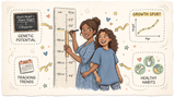 How tall will my daughter be: hand-drawn infographic showing a mother measuring her daughter against a growth chart, with the mid-parental height formula and the girls growth spurt timeline